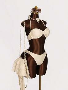 Conjunto de traje de baño de 3 piezas para mujer con top bandeau de unicolor, cuello alto fruncido y bajo fruncido, hecho de tela especial trenzada - Beis 2 - Ver 4