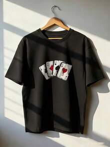 Camiseta con Estampado de Ases de Cartas,Camiseta de manga corta de moda para primavera y verano de 2026, hecha en México, 180 gramos. Estampado de dibujos animados, modelo de pareja, apta para uso interior o exterior. Cuello redondo, unisex, ideal para oficina y ocio. Paquete de una pieza. - BK-P631577SLNDXZGY332 - Ver 1