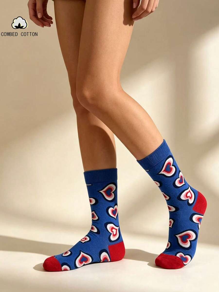 1 đôi tất cổ cao họa tiết trái tim unisex, kiểu dáng punk hài hước, chất liệu jacquard, phù hợp cho nam giới. - Nhiều màu - Xem 1