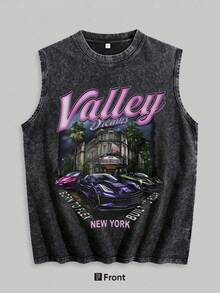 Washed Cotton Vest, Men's Vest, Vintage Street Style 'Valley Dream', New York Sports Car Print Distressed Sleeveless Vest Design, Casual Wear, Suitable For Young People And Fashion Enthusiasts - 黑色19 - 查看 1