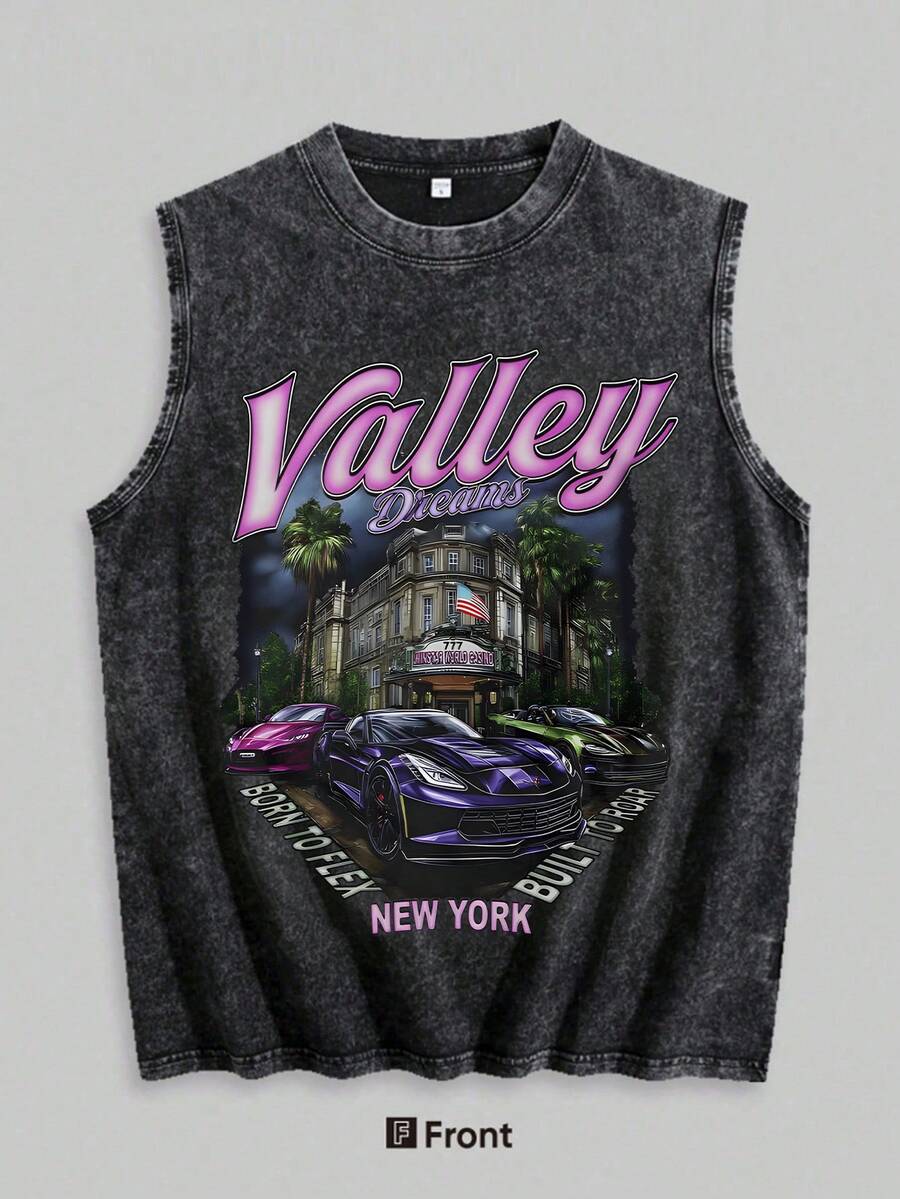 Washed Cotton Vest, Men's Vest, Vintage Street Style 'Valley Dream', New York Sports Car Print Distressed Sleeveless Vest Design, Casual Wear, Suitable For Young People And Fashion Enthusiasts - 黑色19 - 查看 1