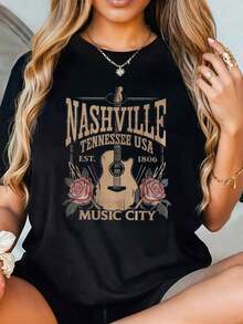 1 Women's Nashville, Tennessee, USA Vintage Guitar Print T-Shirt - Casual Short Sleeve T-Shirt, 210g, 100% Cotton, Designs Are Printed. Unisex. - 黑色 - 查看 6