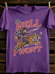 Women's "The Hell I Won't" Cowgirl T-Shirt – Retro Tiger Rider & Western Tattoo Graphic Crew Neck Tee, Wild Western Casual Top. This Is A Soft, Skin-Friendly, Versatile, Pure Cotton Women's Short-Sleeve Top, Suitable For Daily Commuting, Casual Outings, And Sporty Wear. It's A Loose, Comfortable, And Sporty Spring/Summer Women's Pure Cotton T-Shirt, Perfect As A Base Layer - Màu tím - Xem 1