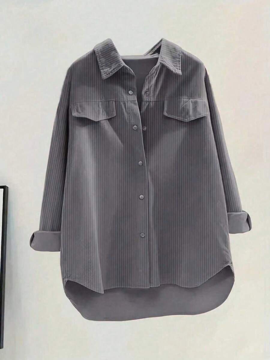 Women's Solid Color Front Button Long Sleeve Fake Pocket Casual Shirt Spring - Grey - View 1