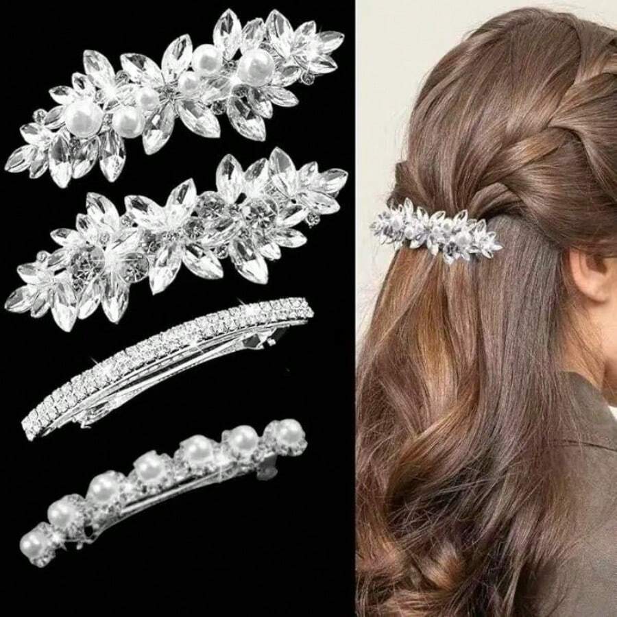 4pcs Crystal & Pearl Decor Snap Hair Clips,Travel,Birthday - Silver - View 1