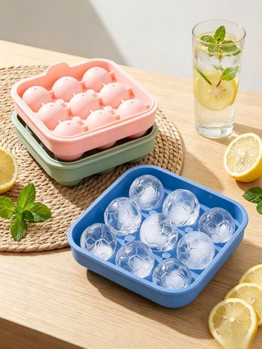 9-Grid Sports Football Silicone Ice Cube Tray, Round Ice Ball Mold, Football Shaped Silicone Ice Cube Maker Tray With Funnel Lid, Silicone Chocolate Mold To Make 9 Giant Ice Balls, Ideal For Chilling Beverages; Multifunctional Ice Cube Mold For Jelly, Milk, Juice, Coffee, Home, Kitchen, Party Essential, Perfect Summer Holiday Gift - Multicolor - View 1