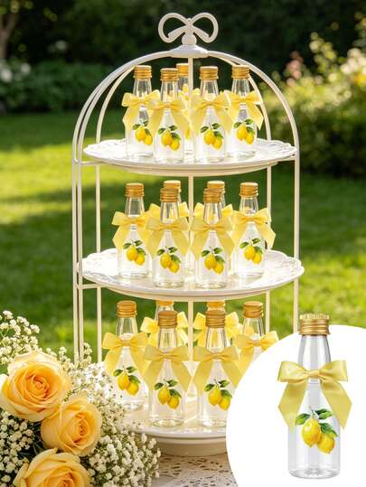 30/15pcs Plastic Mini Wine Bottle Guest Favor Set, Includes Bow Ties And Lemon Stickers; Suitable For Bridal Shower Gifts, Wedding Party Decor, Outdoor Wedding, Summer Pool Party Decorations, Summer Lemon Party Favors, Suitable For Outdoor Weddings, Bridal Showers, Summer Parties And Commemorative Gifts
