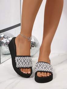 Summer Rhinestone & Pearl Thick-Sole Slip-On Sandals, Black Non-Slip Outdoor Wear, Casual Vacation Style Soft-Bottom Wedge Slippers, Suitable For Indoor & Outdoor, Comfortable & Versatile - Black S20 - View 4