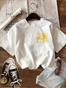 Women's Clothing Women's T-Shirt Tops, Women's Casual Spring And Summer T-Shirt With Retro Sunflower Print, Double-Sided Images, Round Neck And Short Sleeves Women's Shirts - 白色 - 查看 2