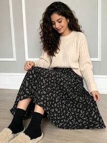 Falda de falda a medio largo con estampado floral para mujer, nuevo modelo de verano, de cintura alta, versátil, informal, ideal para el día a día y para las vacaciones - Negro - Ver 4