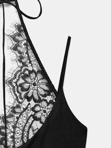 Body de Encaje Chic con Espalda Halter - Top Negro de Ajuste Delgado con Escote Cuadrado y Doble Tirante - Negro - Ver 7