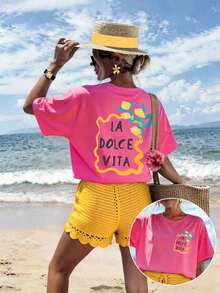 Camiseta gráfica para mujer , estilo casual de manga corta, top lindo para el verano.Conjuntos de verano bonitos para mujeres.Camiseta Zumba para mujer.Ropa de playa para mujer.Camisetas para damas para el verano.Conjunto de ropa de día a día para mujer - rosa brillante 3 - Ver 5