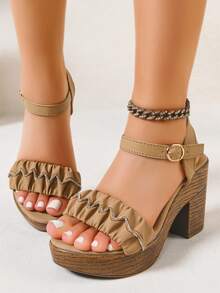 Women's Platform Wedge Sandals, Retro Ruched Edge Rhinestone Decor Faux Wood Grain Bottom, Vacation Style Wedge Sandals, Suitable For Parties, Vacations And Daily Wear - Apricot - View 2