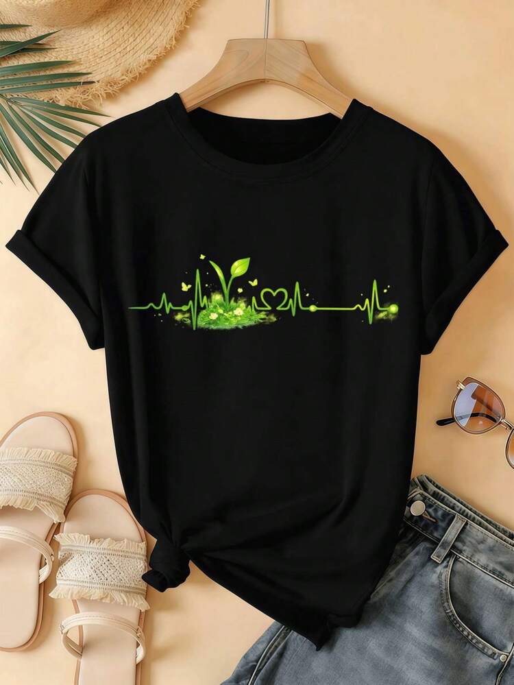 Women's Heartbeat And Plant Graphic T-Shirt, 100% Cotton, Relaxed Fit, Casual, Graphic Design - Black - View 2