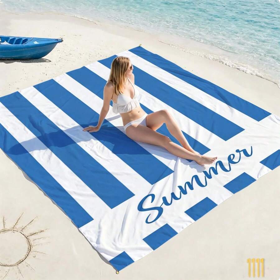 1pc Blue & White Striped Extra Large Quick-Dry Beach Towel/Mat, Suitable For 1-3 Adults - Lightweight, Polyester Fabric - Great For Travel, Camping, Hiking And Leisure Beach Time, Beach Mat, Camping Ground Cover Picnic Mat - Blue and White Vertical Stripes Summer - View 1
