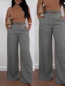Pantalones casuales de pierna recta y cintura alta de moda para mujer, primavera - Gris - Ver 1