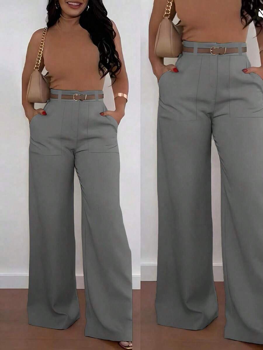 Pantalones casuales de pierna recta y cintura alta de moda para mujer, primavera - Gris - Ver 1