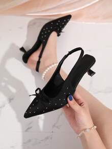 Women's Polka Dot Satin High Heel Sandals, Bowknot Pointed Toe Low Heel Dress Shoes With Rivets, Party - Black - View 1