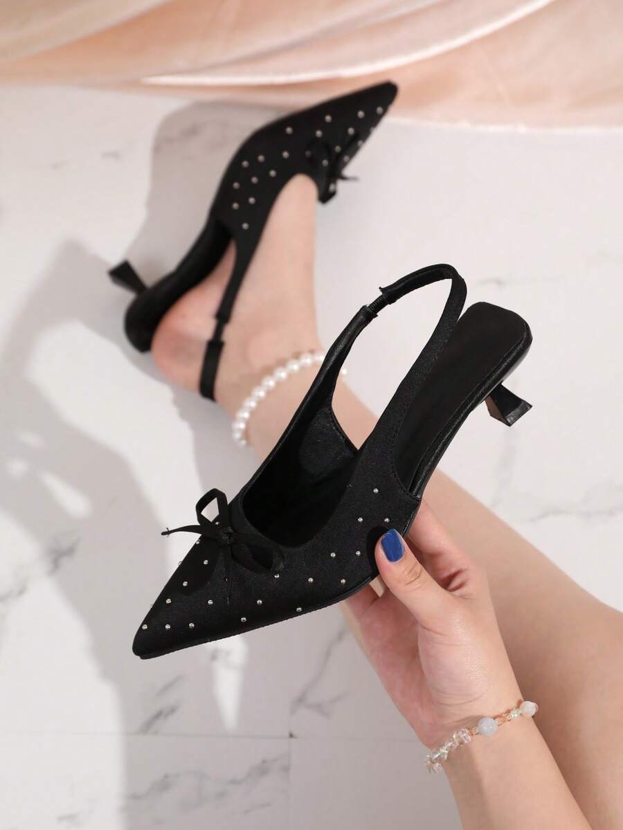 Women's Polka Dot Satin High Heel Sandals, Bowknot Pointed Toe Low Heel Dress Shoes With Rivets, Party - Black - View 1