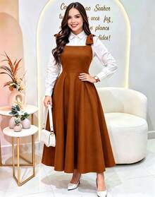 Tailored Dress With Wide Straps And Bow, Code 02, Evangelical Fashion (Shirt Not Included) - caramelo - Ver 1