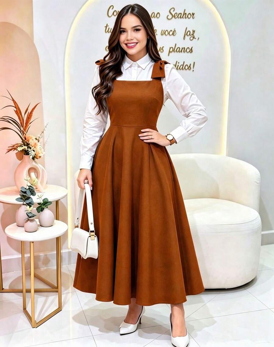 Tailored Dress With Wide Straps And Bow, Code 02, Evangelical Fashion (Shirt Not Included) - caramelo - Ver 1