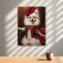 Enmarcado Lienzo decorativo de pared 2D plano, 1 unidad, grande, , con diseño de perro Pomerania blanco con traje de bailarina de zorro rojo - Moderno minimalista - Póster de Pomerania adorable para el hogar, la oficina, regalo para amantes de los perros, retrato de animal, 2D plano - Enmarcado - Ver 2