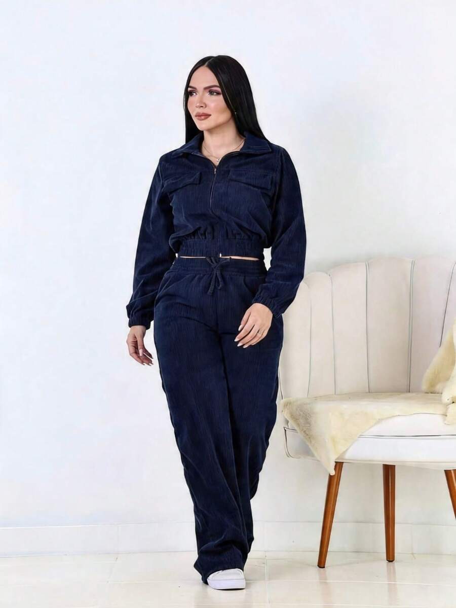 Women's Corduroy Velvet Set With Jacket And Pants - Comfort And Style - 藏蓝色 - 查看 1