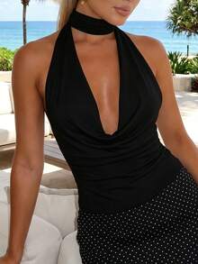 Women Tank Tops Solid Color Deep V-Neck Cowl Neck Halter Neck Casual Vests Summer Sleeveless Tops Streetwear - 黑色 - 查看 4