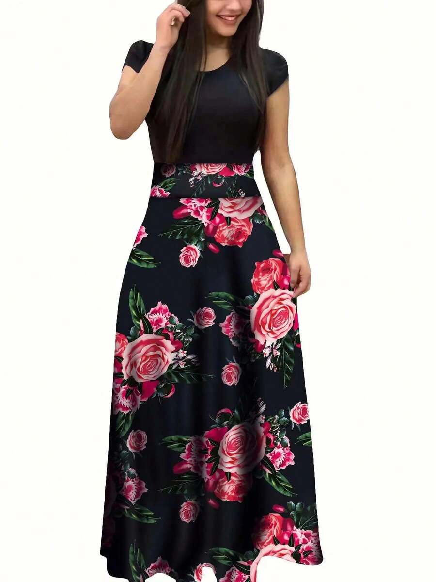 Vestido de manga corta a juego con estampado de flores de estilo europeo y americano para mujer, falda con vuelo grande, 2024 - él - Ver 1