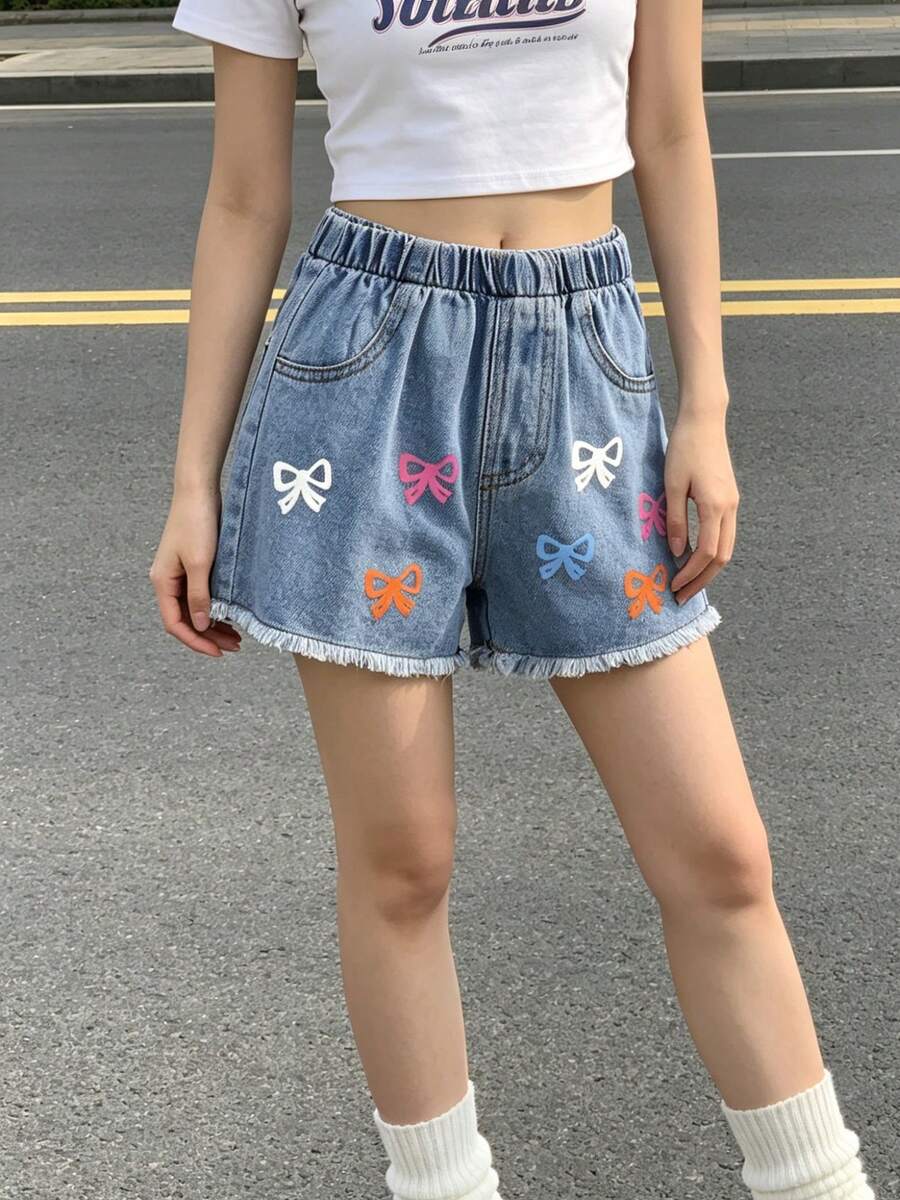 1件装女童休闲蝴蝶印花牛仔短裤，清爽活力夏日装扮 - 中等水洗藍 - 查看 1