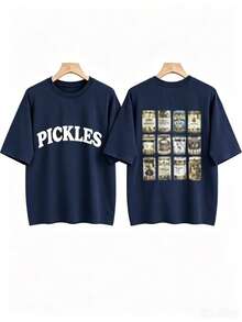 [Olive Green Sweatshirt] Soft Olive Green Crewneck Sweatshirt |     PICKLES Letter Print & Pickle Jar Graphic - Mid-Stretch Fabric, Machine Washable - 藏青色 - 查看 10