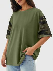 Women's Loose T-Shirt Casual Top, Sports & Fitness, Summer Short Sleeve Printed Basic Y2K Style - Olive Green - View 3