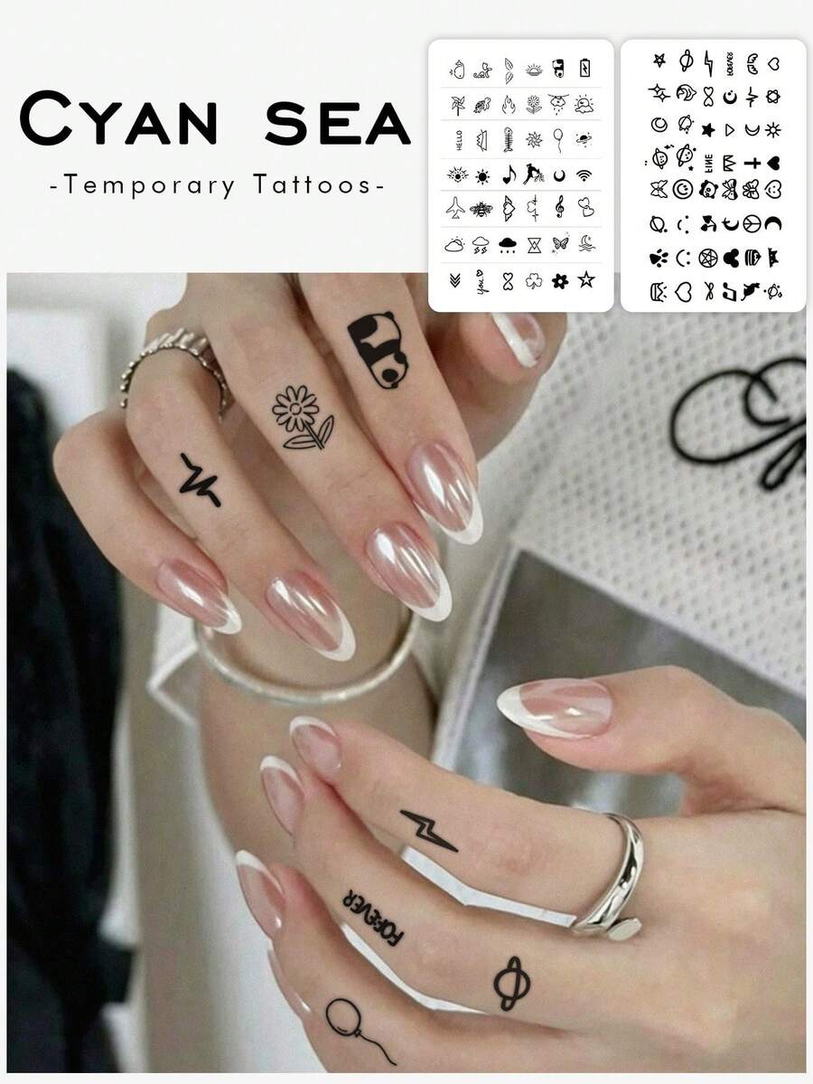 2pcsStickers Simple Mini Line Style Multi-Element Small Pattern Set Temporary Tattoos, For Arms, Abdomen Non-Reflective, Realistic Tattoos Suitable For People, Daily Use, Can Last3-5Days - Black - View 1