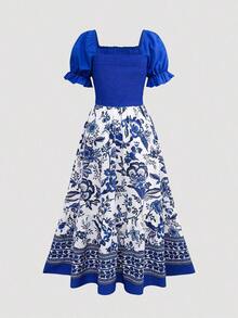 Women's Bright Floral Print Waist Splice Vacation Dress, Summer Elegant - Multicolor 5 - Ver 3