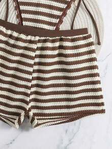 Conjunto de bikini y shorts de baño casuales para vacaciones en la playa de mujeres, 2026, 3 piezas, de tela texturizada con bloques de color y rayas, adecuado para primavera/verano, fiestas en la piscina, citas - Albaricoque de café - Ver 4
