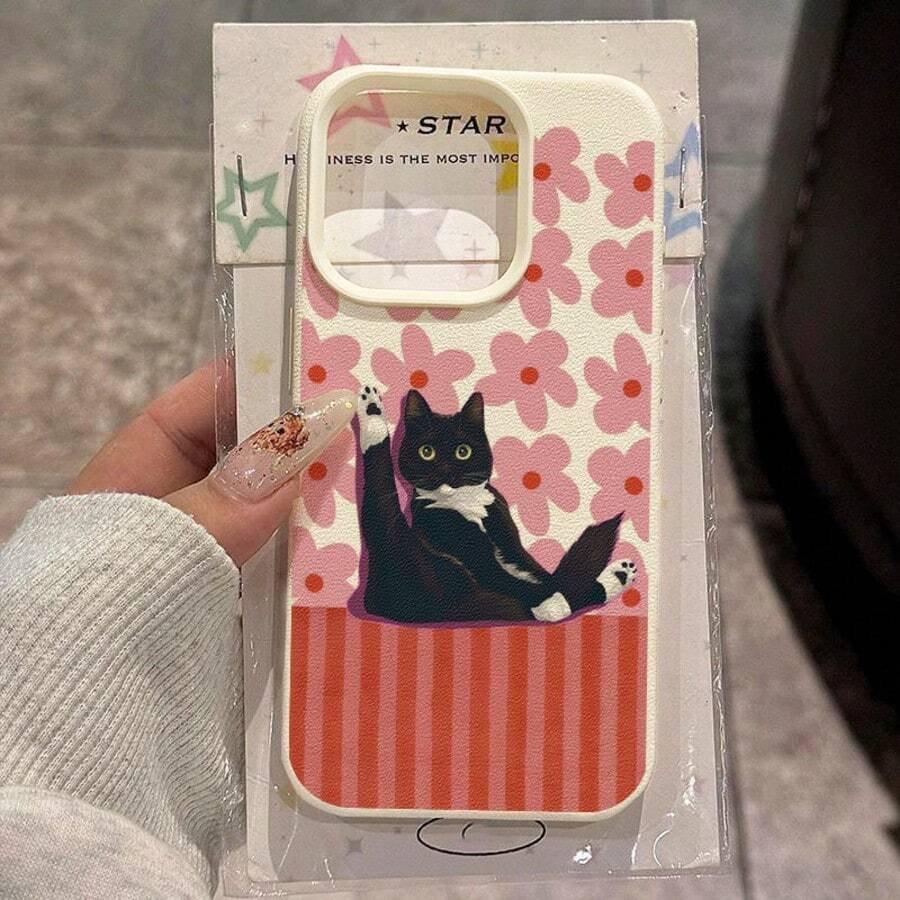 1 pieza Funda de teléfono de material TPU con patrón divertido de gato negro y flores, adecuada para iPhone 17 Pro Max/17/16 Pro Max/15/13/12/11, S20 FE/A15/S24/A55, Note 11/Note 12/Note 13 Pro, cobertura completa, protección suave anti-caídas - Blanco - Ver 1