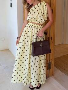 New Elegant Polka Dot 2-Piece Set, Graceful Formal Party, Vacation, Date Night, Suitable For All Seasons With Elastic Waist Summer - Yellow - View 4