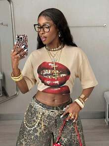 Women's Comfortable White Oversized T-Shirt, Y2K Style, Lip Print, Casual Style, Tropical Vacation, 2026 Fashion, Cute Style, Casual Style. 180g (Sizes S-XXXL) - 卡其色 - 查看 3