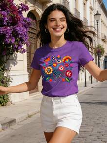 Mexican-Style T-Shirt With A Colorful Floral Print Featuring Festive Motifs, Casual Short-Sleeved Top With A Round Neck For Women. DWRM - 深紫色 - 查看 3