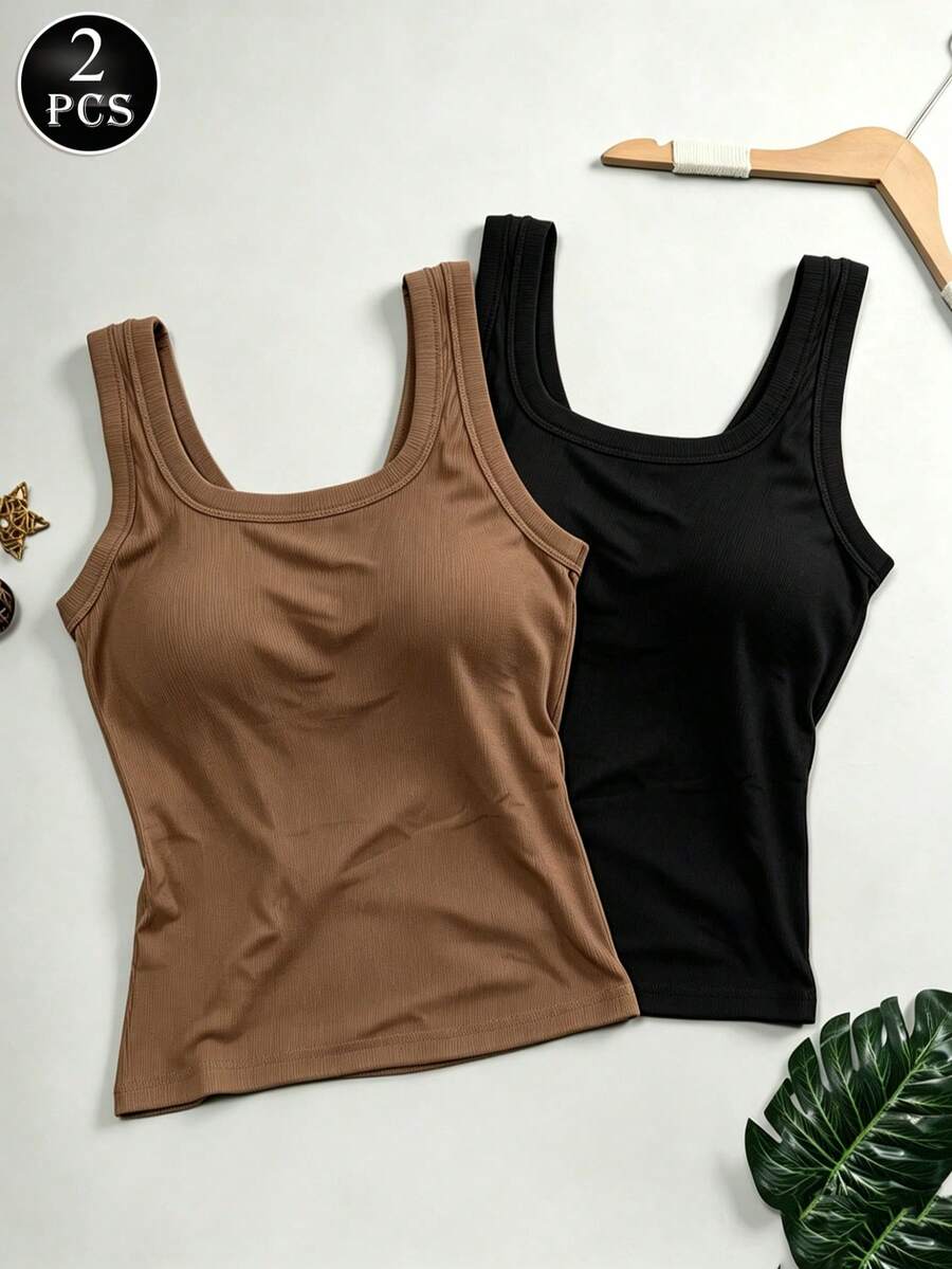 2pcs Seamless U-Back Ribbed Tank Tank Tops Women With Built-In Bras For Women, Solid Color Slim-Fit Essentials For Layering,, Exposed Shoulder Sleeveless For Spring Summer Fall Layering - Solid Color Machine-Washable, Beachwear & Casual, Summer Tops, Tank Tops - 彩色 - 查看 1