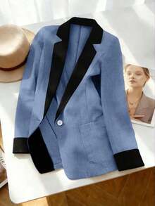 Blazer ligero de verano con cuello de contraste, uso casual/laboral, de 3/4 de manga para mujer - Azul 2 - Ver 1