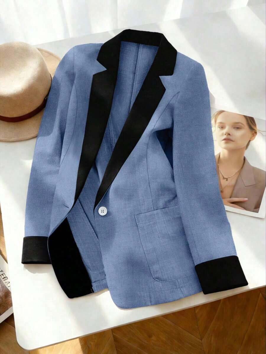 Blazer ligero de verano con cuello de contraste, uso casual/laboral, de 3/4 de manga para mujer - Azul 2 - Ver 1