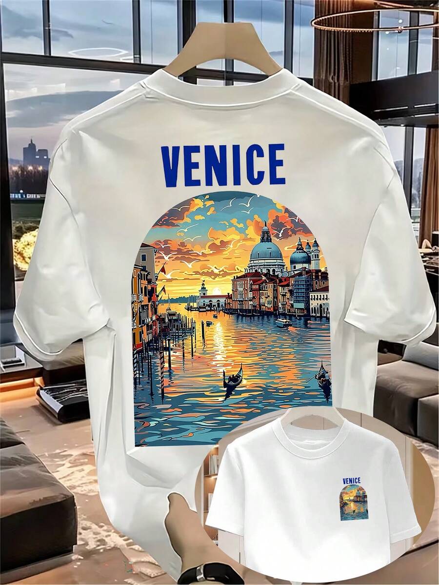 Summer Vacation Style T-Shirts Custom Illustration Of Sunset On The Grand Canal Of Venice Men's Summer T-Shirt, Casual And Fashion Short Sleeves, Slim And Comfortable, Ideal For Daily Commuting, Refined Details, Men's Boutique, Couple Style, Holiday Gift, Cotton T-Shirt, Summer Outfit - White - View 1
