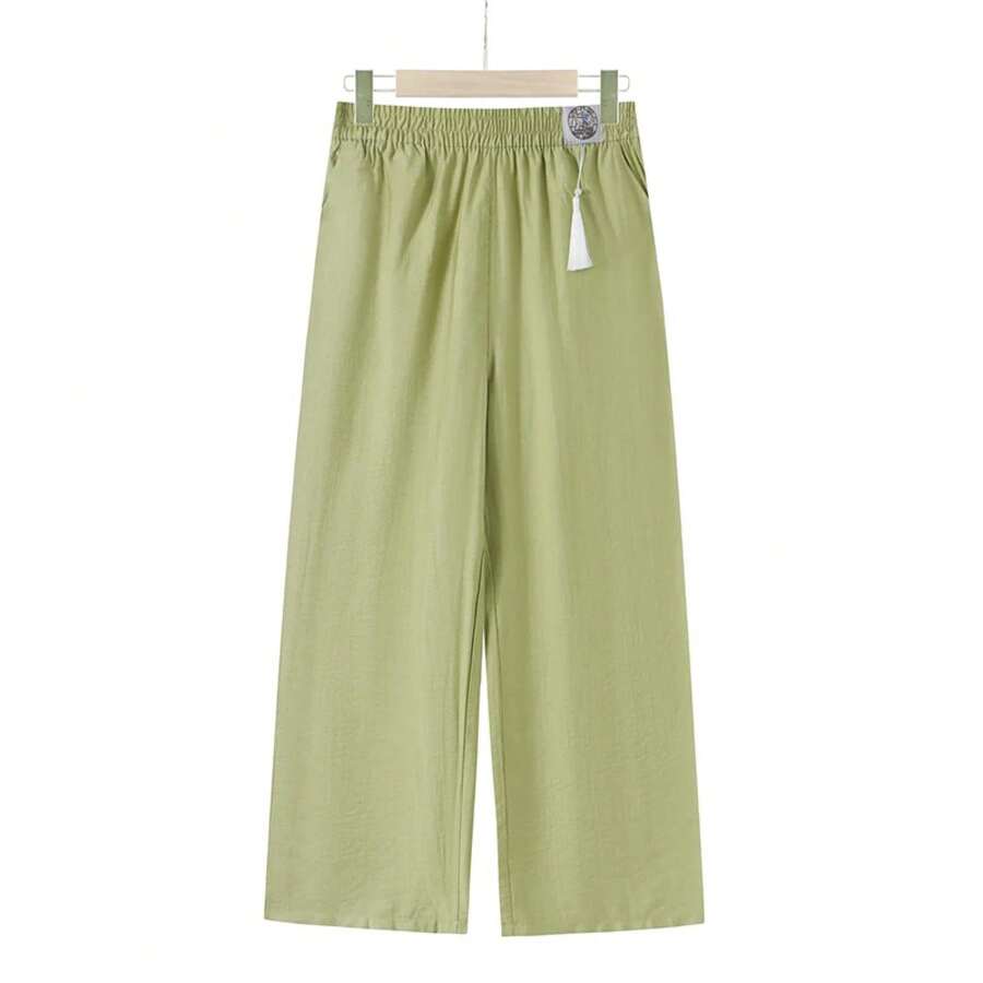 Pantalones Largos Finos de Verano de Algodón y Lino, Frescos 2.0, Suaves, de Alta Elasticidad, Casuales Diarios para Mujer, Tallas Grandes, Color Sólido - verde - Ver 1