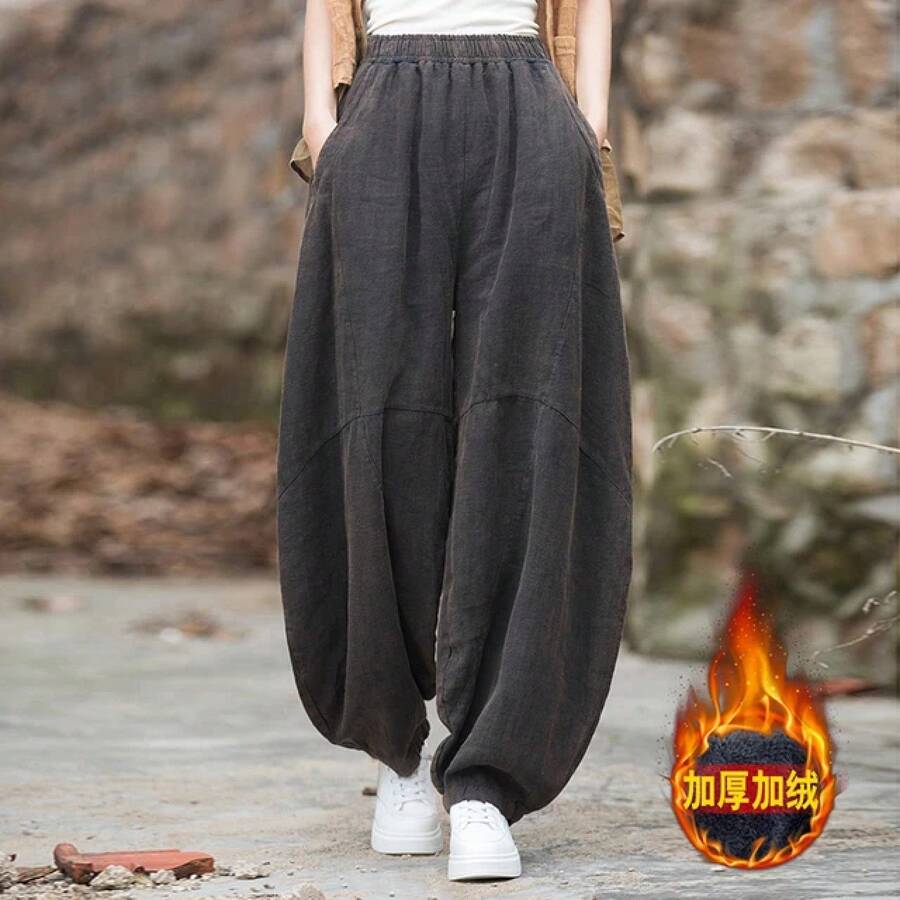 Pantalones Cargo Holgados de Algodón y Lino para Mujer, Elegantes, Vintage, con Cintura Elástica, para Yoga, Casuales, Largos, de Pierna Ancha, Talla Grande - Negro (con terciopelo) - Ver 1