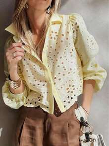 Camisa de mujer de un solo pecho bordada, para uso casual y diario, ideal para vacaciones de verano - Amarillo - Ver 9