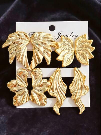 Juego de 2-8 piezas de pendientes elegantes de tono dorado para mujeres, que incluye flores para la oreja izquierda y derecha, hojas ondulantes, flores de cinco pétalos, pendientes de moda y elegantes adecuados para usar durante todo el año