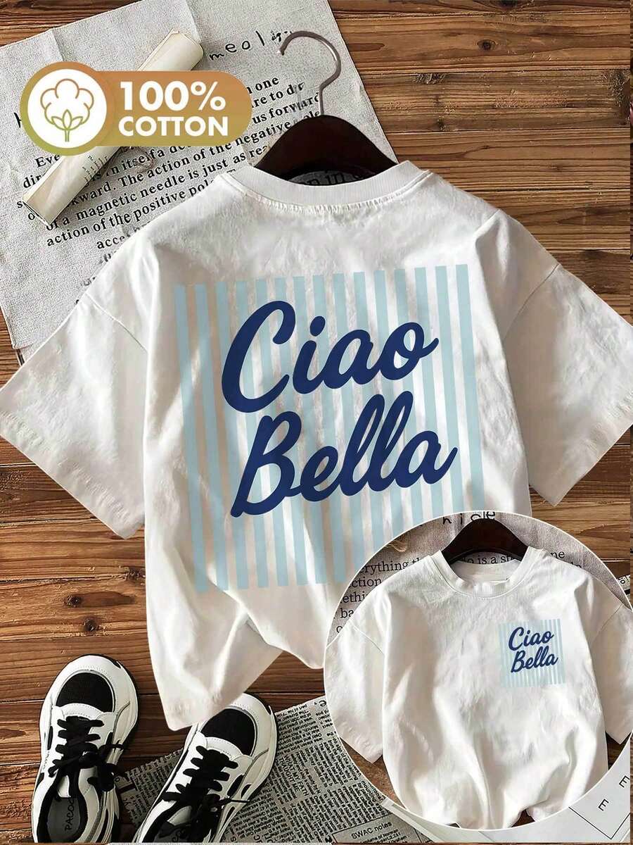 Dubbelsidigt tryck fram och bak, sommartopp för kvinnor, fräsch stil, randig, handskriven "Ciao Bella", kortärmad t-shirt med rund hals, Ling K-t-shirt för damer. - Vitt - Visa 1