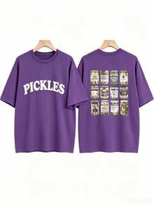 [Olive Green Sweatshirt] Soft Olive Green Crewneck Sweatshirt |     PICKLES Letter Print & Pickle Jar Graphic - Mid-Stretch Fabric, Machine Washable - 紫色 - 查看 2