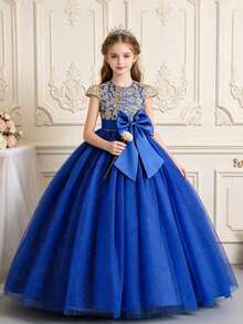 Vestido de princesa de tul con lazo para niñas, vestido de fiesta, desfile, cumpleaños, boda y niña de las flores con mangas cortas - Azul - Ver 1